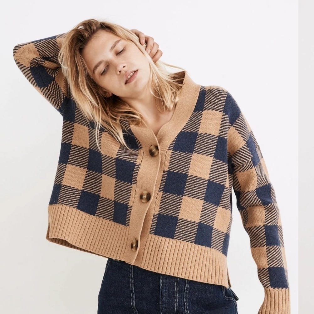 New Madewell Bayberry Cardigan Sweater in Buffalo Check Kim Kardashian Size XS - Picture 6 of 14